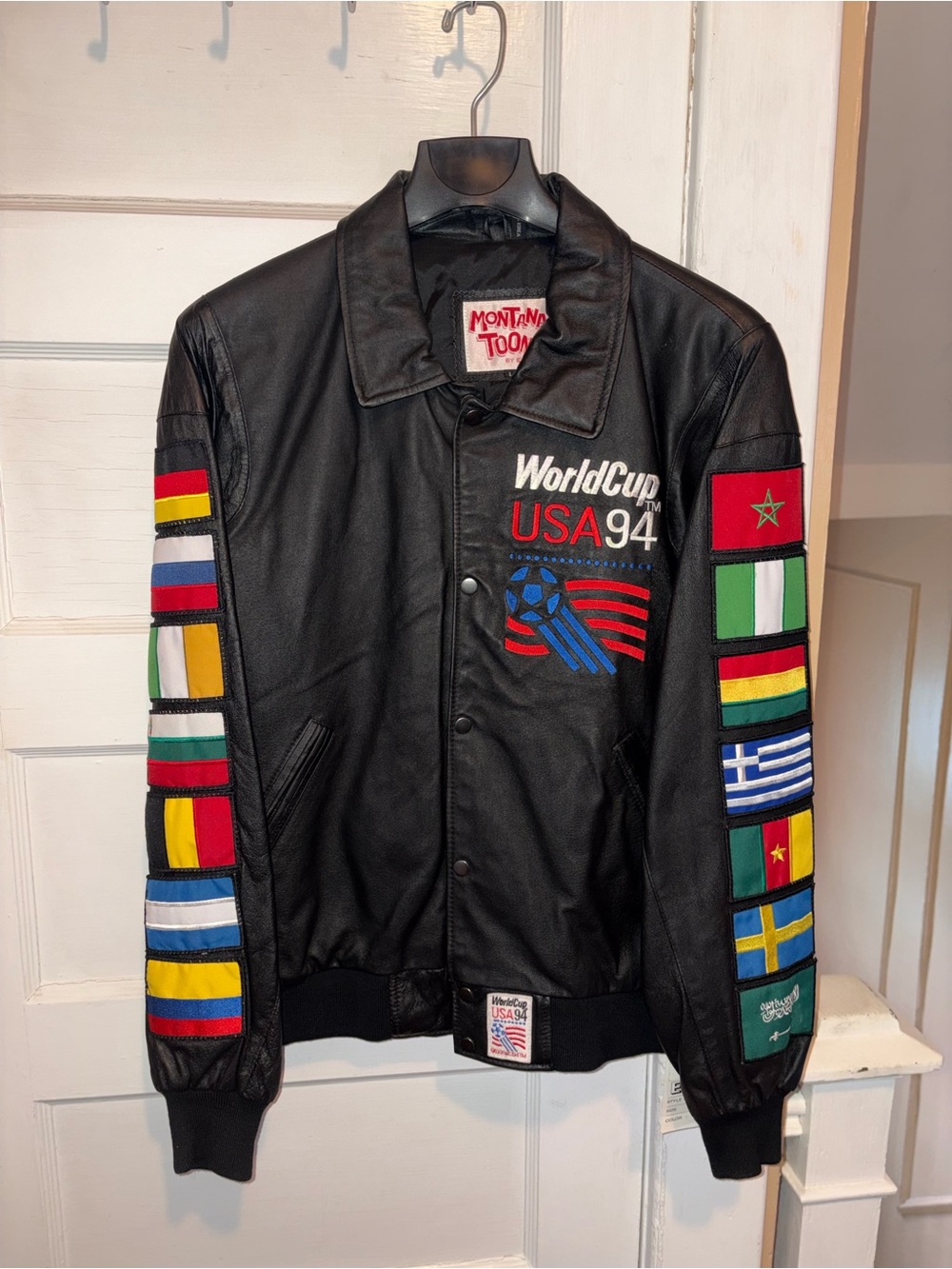 WorldCup USA 94 Black Leather Jacket with Flag Patch Sleeves